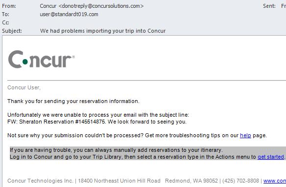 Failure messages - Notification sent to traveler/arranger when an itinerary is forwarded to plans@concur.