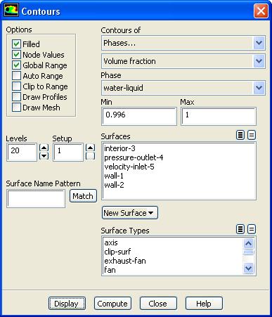 i. Set Window number to 2 and click Set. ii. Select Contours from the Display Type list to open the Contours dialog box. A. Select Phases... and Volume fraction from the Contours of drop-down lists.
