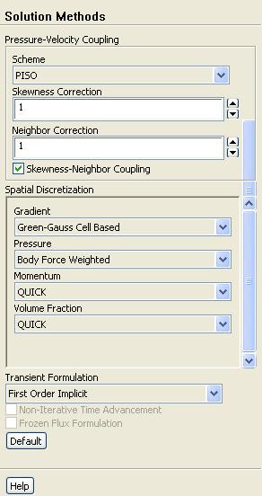 Step 7: Solution 1. Set the solution control parameters. Solution Methods (a) Select PISO from the Scheme drop-down list in the Pressure-Velocity Coupling group box.
