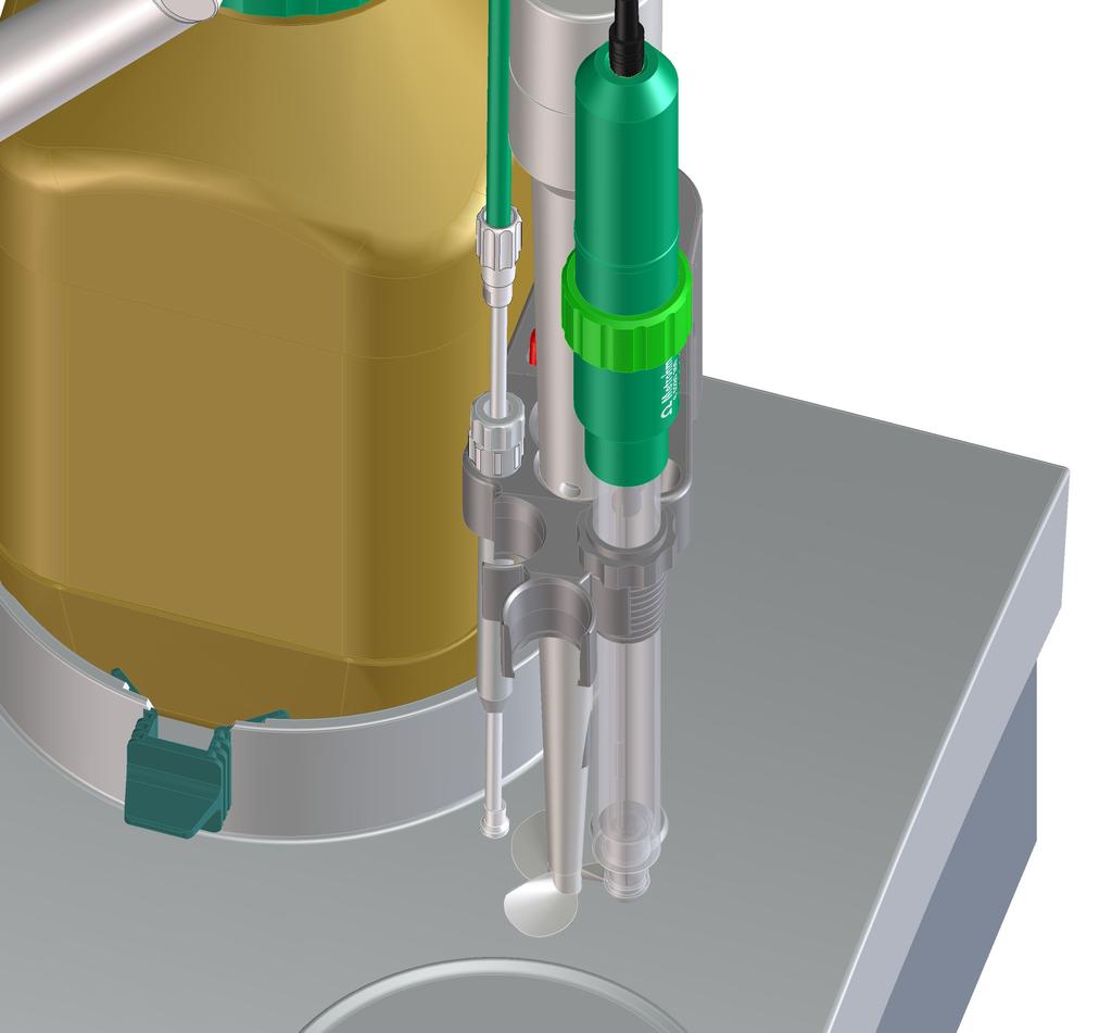 2.3 Inserting an electrode and buret tip 2 Mount the holding clamps 6.2043.005 on the bottle holder so that the reagent bottle is securely fastened in place. Inserting a buret tip and electrode 6.
