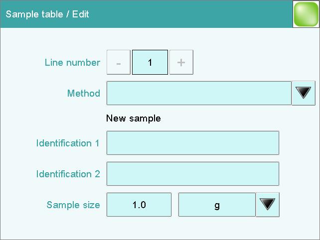 7 Performing titration with supplementary functions 2 Enter sample data Tap on [Sample table]. The sample table is still empty. The first line is highlighted. Tap on [Edit].