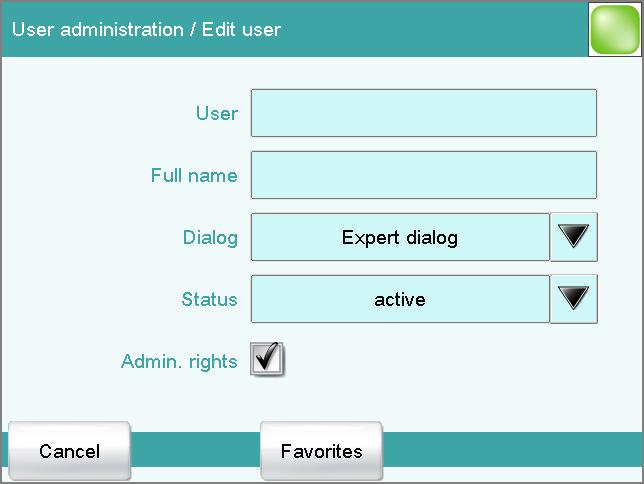 8 Setting up the user administration 2 Create a new user Tap on [New]. Tap on the input field User and enter an unambiguous user identification (abbreviation). Close the input dialog with [OK].