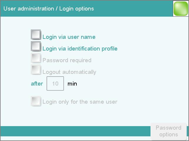 8.3 Login with password 8.3 Login with password If you wish to make it imperative that each user log in on the instrument with a password, then you can activate this in the login options.