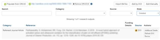 6.2.5 A confirmation screen will open. Click the OK button to confirm that you wish to revive the research output. 6.2.6 The revived Research Output will be now be listed under the Available research output list.