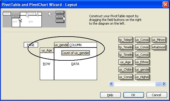 8) When you have finished doing this, click OK. 9) Back at the PivotTable and PivotChart Wizard Step 3 of 3 window click Finish. Your crosstab table will appear on a separate sheet.