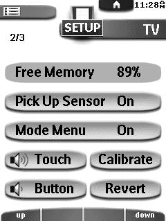 Getting Started Second setup panel Setting Function Adjusting Indicates the amount of free memory that is available. Turns on or off the option to Tap the Pick Up Sensor button.
