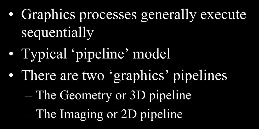 Graphics Pipelines Graphics processes generally execute sequentially Typical pipeline