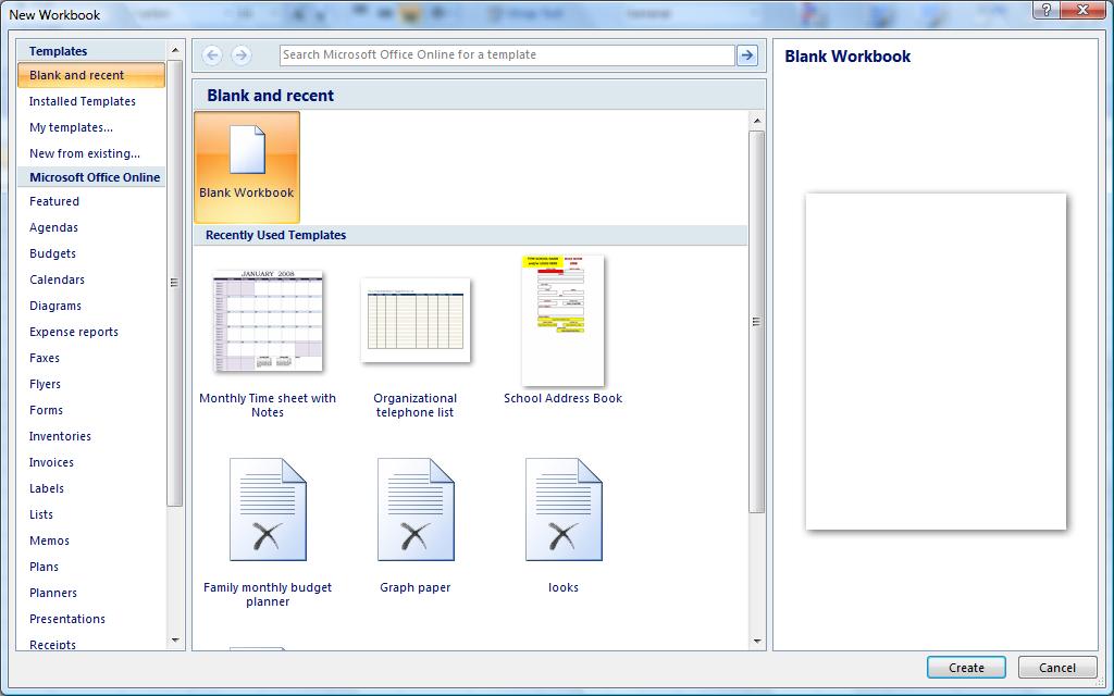 3. Scroll through the templates on the left or click on recently used templates in the