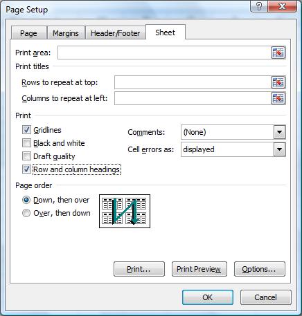 21. Click the Sheet tab 22. Click the boxes next to Gridlines and Row and column headings to add them.