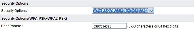 - WPA-PSK/WPA2-PSK+[TKIP]/[AES] It allows the client to use either WPA-PSK[TKIP]/[AES] or WPA2-PSK[TKIP]/[AES]. Figure 8-22 PassPhrase: Enter 8-63 ASCII characters or 64 hexadecimal digits.