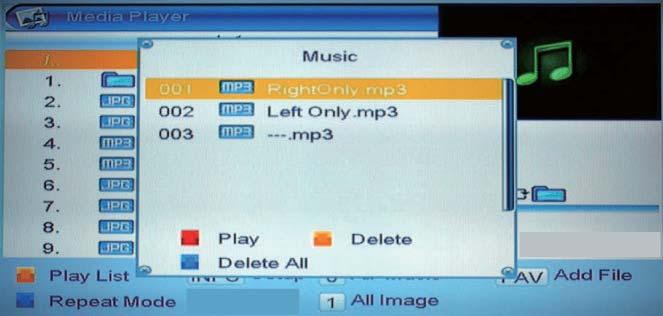 key operations: FAV key: Put the selected file to play list. 0 Key: All the MP3 files in current directory will be added into MP3 play list.