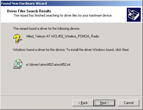 7. The following window appears showing the driver search result.