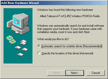 Windows ME Follow the steps below to install the AT-WCL452 Wireless LAN Card drivers for Windows ME. 1. Insert the AT-WCL452 Wireless LAN Card to the PCMCIA slot of your notebook first.