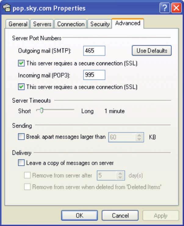 13 14 Now click on the Advanced tab so this screen shows. Add a tick in the This server requires a secure connection (SSL) boxes for both Outgoing mail (SMTP) and Incoming mail (POP3).