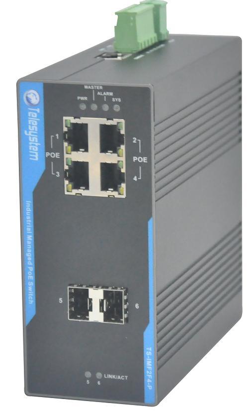 TS-IMF2F4-P: L2 Managed Industrial Switch with PoE Injector Product Description: TS-IMF2F4-P is a L2 full managed Industrial Ethernet Switch, which can provide economical solution for your Ethernet.