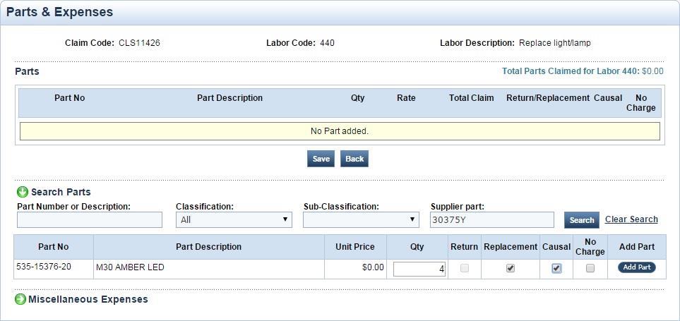 13. Click the Parts & Exp. button to add any parts or other expenses to your Claim. This will take you to the Parts & Expenses screen. 14. Use the Search Parts section to add parts to your claim.