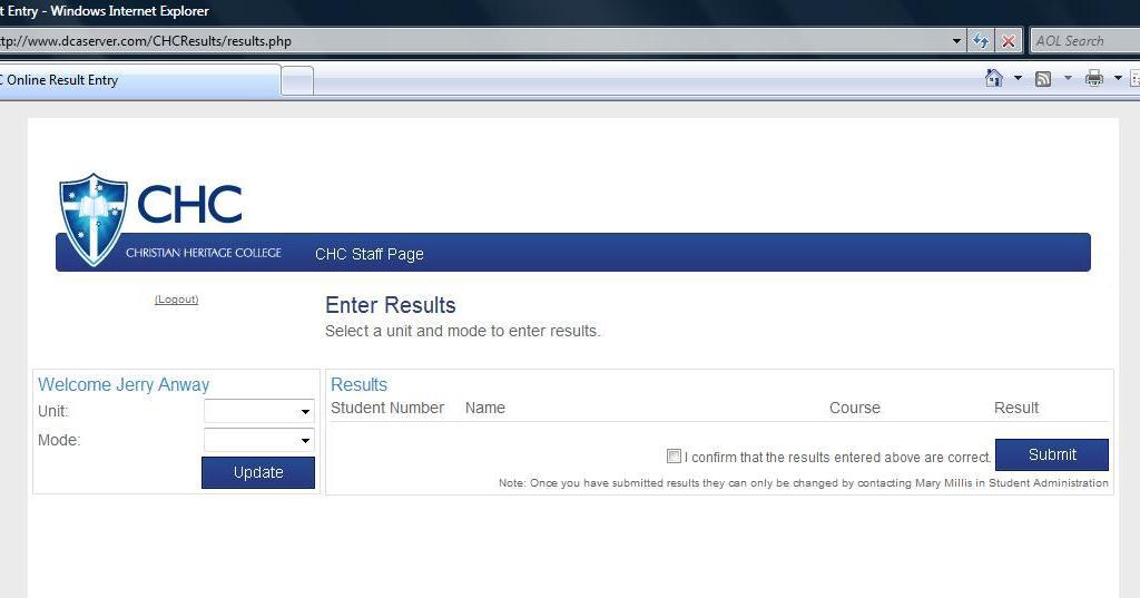 4. Entering Results Successful login will navigate you to a page like the one below.