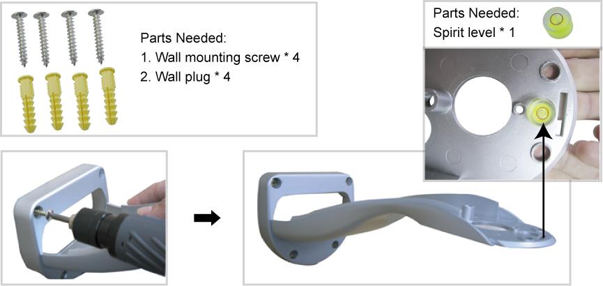 bracket sales package, including: (1) Wall mounting screws (2) Wall plugs (3) Cap (4) M6 Nylok screws (5) Spirit level (6) M4 screw Power Drill STEP 1: Attach the camera-mounting base to the PTZ