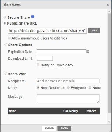 2. In the Share Access dialog box, configure settings for sharing the link, including: The Secure Share option, which requires each recipient to log in with his or her unique credentials.