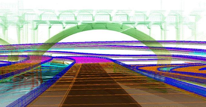 3-D model uses mobile LiDAR dataset to ensure tight clearance at an overhead arching structure. bridge column scans and traditional surveys were completed in about a week.