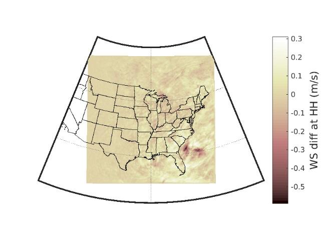 Spatial map of the mean difference in wind speeds at wind turbine hub-height arising from change in Aristotle node. Fig 3.