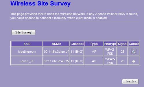 3. Select one of the networks existing in the list of the site survey table and then click Next button, then the following page pops