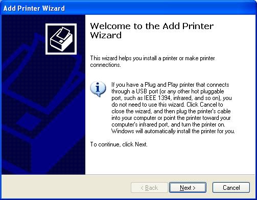 3. The Add Printer Wizard is displayed. Click Next. 4.
