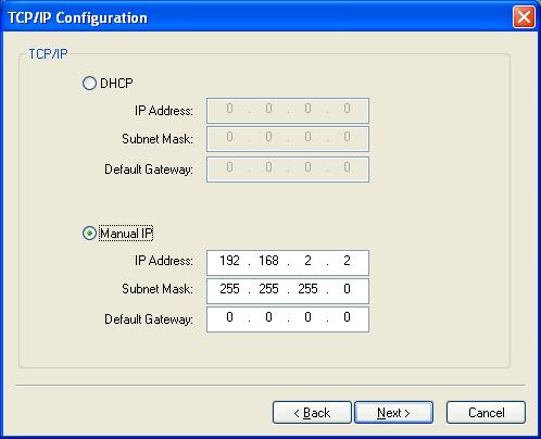network, the MFP Server will automatically obtain and configure the network settings assigned by the DHCP Server. The assigned IP Address will be shown in the IP Address fields.