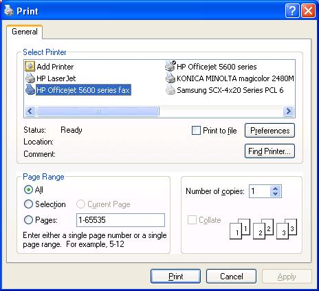 An example: Fax through HP Officejet 5600 Series After the MFP is installed, there is a fax device will be added to Printers and Faxes in the Windows.