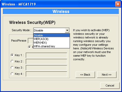 This MFP Server supports WEP and WPA-PSK security mode.