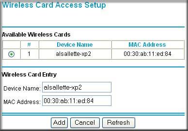 Then, either select from the list of available wireless cards the WGR101 has found in your area, or enter the MAC address and device name for a device you plan to use.