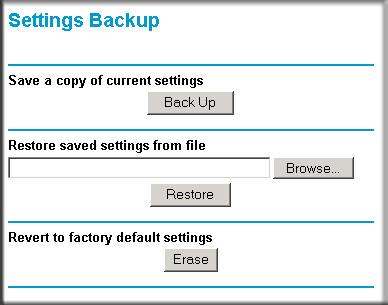 From the Main Menu of the browser interface, under the Maintenance heading, select the Settings Backup heading to bring up the menu shown below.