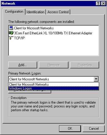 Verify the following settings as shown: Client for Microsoft Network exists Ethernet adapter is present TCP/IP is present Primary Network
