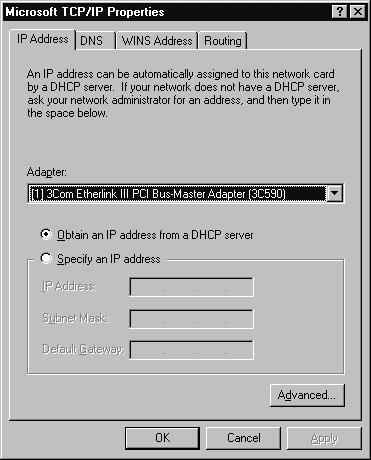 The TCP/IP Properties dialog box now displays. Click the IP Address tab. Select the radio button marked Obtain an IP address from a DHCP server. Click OK.