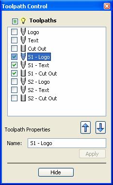 If Toolpaths are automatically calculated a separate toolpath for each operation on each sheet of material is calculated and named using the convention S1 - Name.