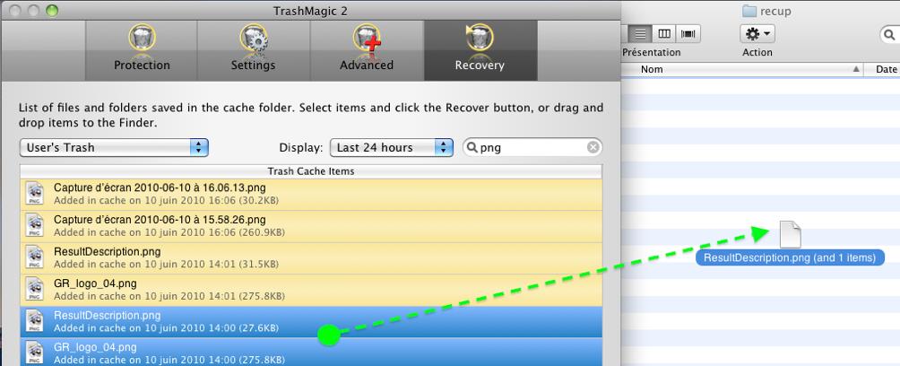 Recover data The easiest way to recover data is to select items in the list and drag item to the Finder. An other possibility is to select items and click on the Recover button.
