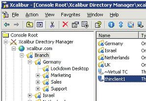 com \ Branch \ Germany \ Lockdown Desktop OU Presentation Tips Xcalibur Directory Manager represents the logical structure of the organization.