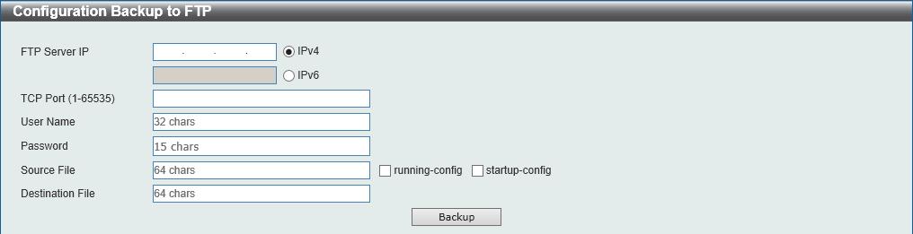 To view the following window, click Tools > Configuration Restore & Backup > Configuration Backup to FTP, as shown below: Figure 11-19 Configuration Backup to FTP Window FTP Server IP TCP Port User