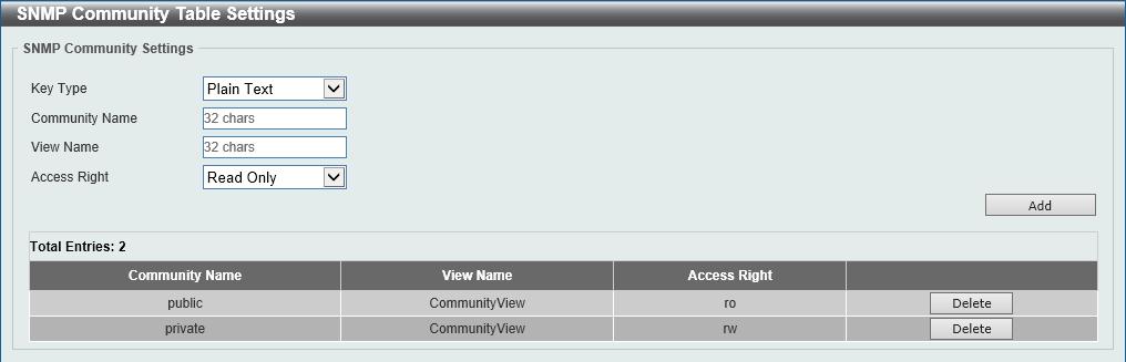 SNMP Community Table Settings This window is used to create an SNMP community string to define the relationship between the SNMP manager and an agent.