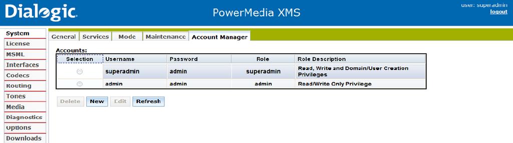 Dialogic PowerMedia Extended Media Server (XMS) Installation and Configuration Guide Create a New User Follow the instructions below to create a new user and then log in using the new accounts