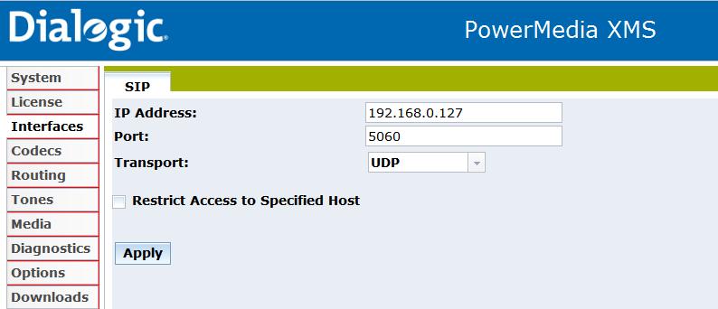 Dialogic PowerMedia Extended Media Server (XMS) Installation and Configuration Guide Interfaces Menu The Interfaces Menu > SIP page provides information about the SIP protocol that runs over UDP or