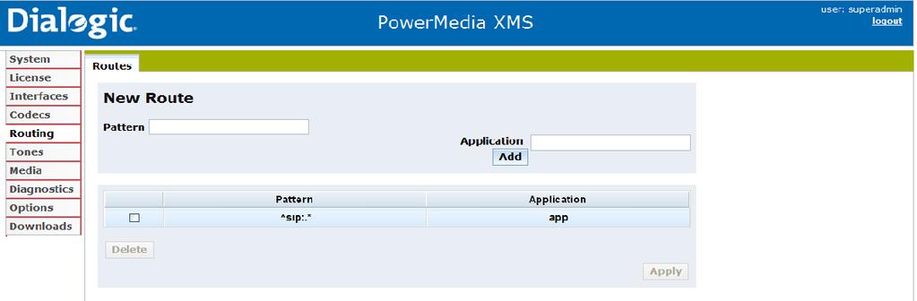 Configuring PowerMedia XMS Routing Menu Accessible in Native mode only, the Routing menu opens to the Routes tab. From this page, PowerMedia XMS can route inbound calls to specific applications.