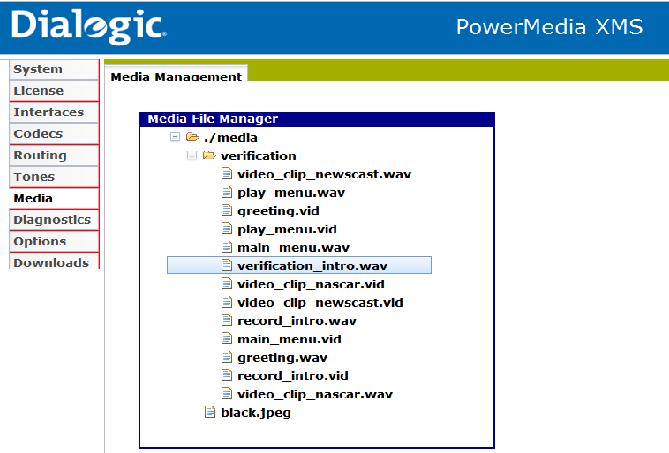 Dialogic PowerMedia Extended Media Server (XMS) Installation and Configuration Guide Media Menu From the Media Management page, you can view and manage the PowerMedia XMS media files.