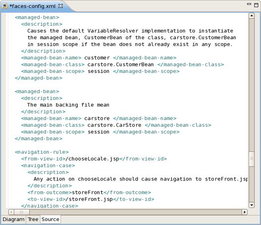 Editor Features The Source view for the editor displays a text content of the JSF configuration file.