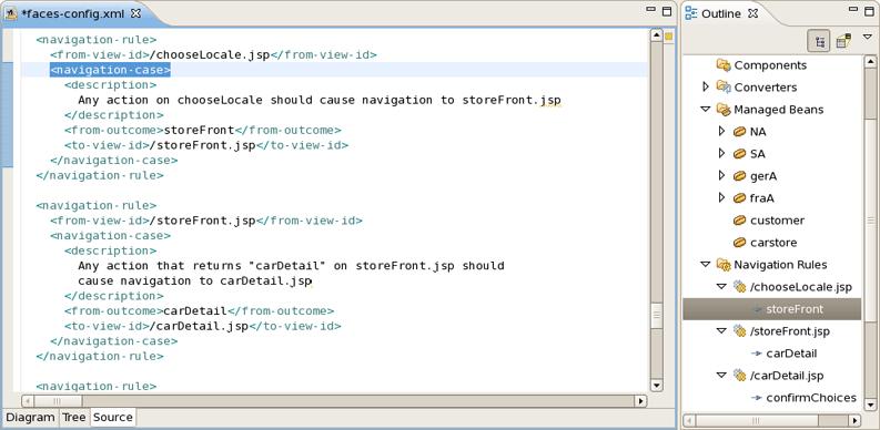 Source View You can also work in the Source view with the help of the Outline view. The Outline view shows a tree structure of the JSF configuration file.