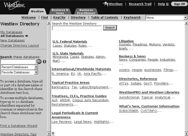 Accessing a Database To view a list of all databases on Westlaw, click Directory on the toolbar. The Westlaw Directory provides several methods for accessing databases:.