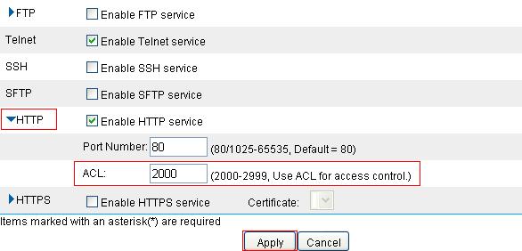 Figure 14 Configuring an ACL rule to allow other hosts to access Firewall Select Permit. Click Apply. NOTE: The three ACL rules must be configured in the shown order.