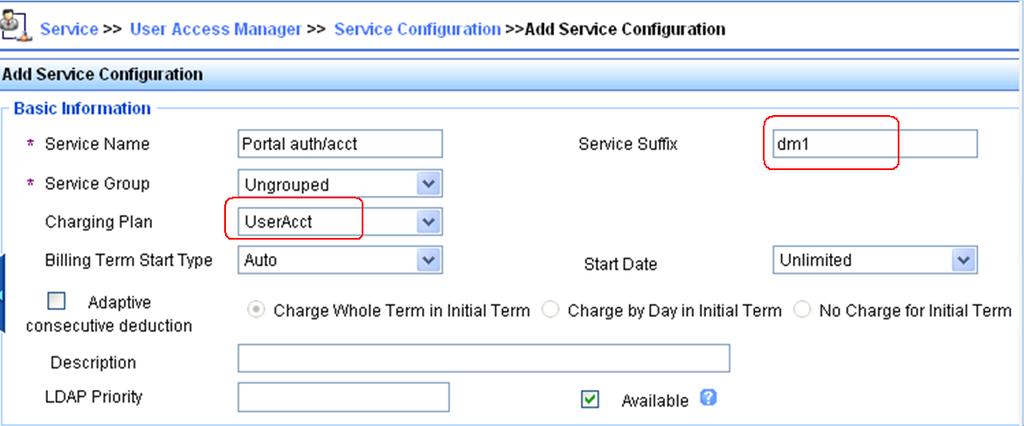 Figure 167 Adding a charging plan 3. Add a service: a. Click the Service tab, and then select User Access Manager > Service Configuration from the navigation tree. b.