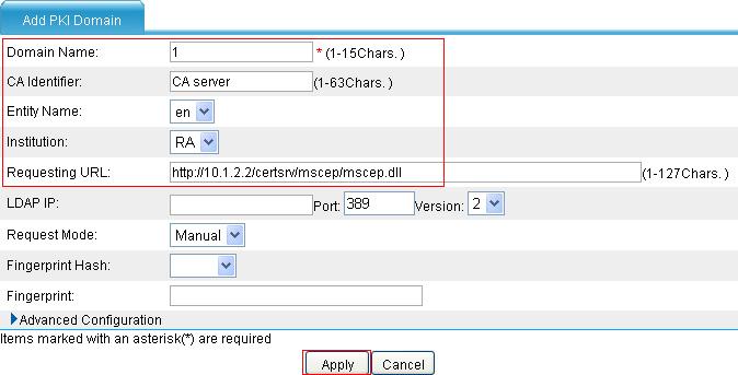 Figure 35 Add a PKI domain 3. Add a PKI domain as shown in Figure 35. a. Enter 1 as the PKI domain name. b. Enter CA server as the CA identifier. c. Select en as the local entity. d. Select RA as the authority for certificate request.