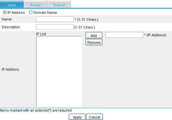 Figure 42 Host address resource configuration page Table 10 Configuration items Item IP Address Domain Name Description Select either of them as the address resource form.